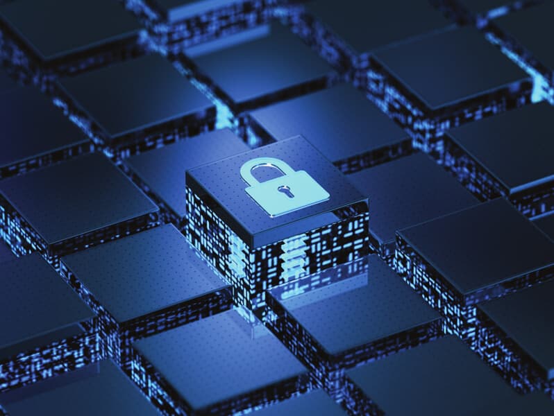 Digital padlock sitting on a stylised circuit-board cube grid